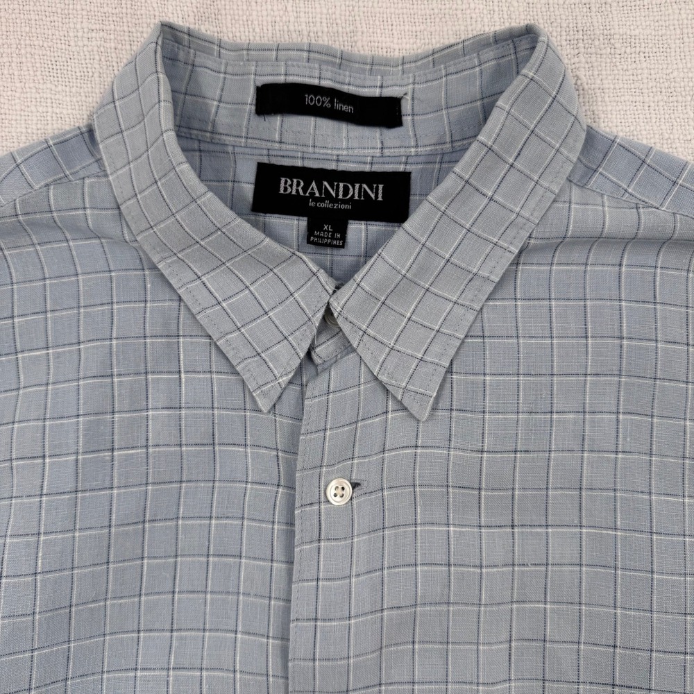 Brandini 100% Linen Short Sleeve Mens XL Blue Windowpane Check Button Down Shirt